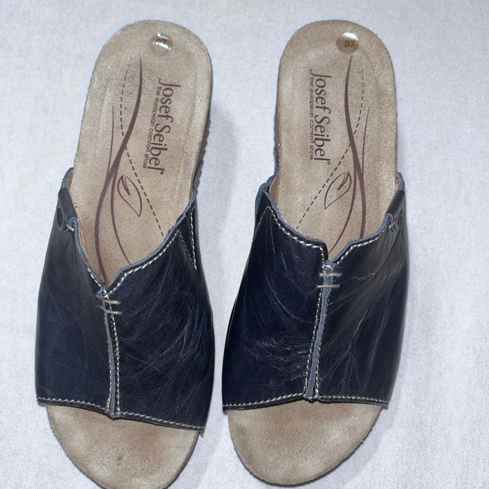 Josef Seibel Meike Navy Leather Slides Mid Wedge Sandals EUR 37 US 6.5 - Picture 5 of 11